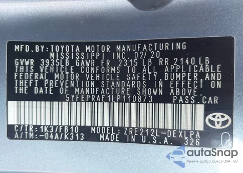 2020 Toyota Corolla Le из США, поврежденный, VIN 5YFEPRAE1LP110873